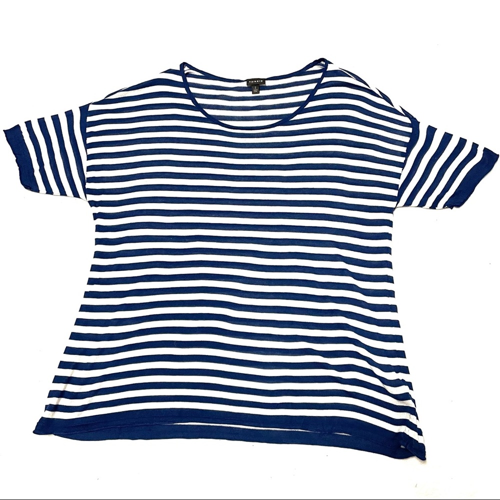 Torrid SZ 2 Top White And Blue Striped Knit Scoop Sweater Blouse Short Sleeves